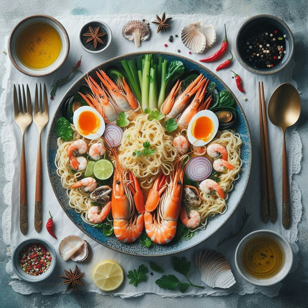 シンメトリー構図のseafood noodle