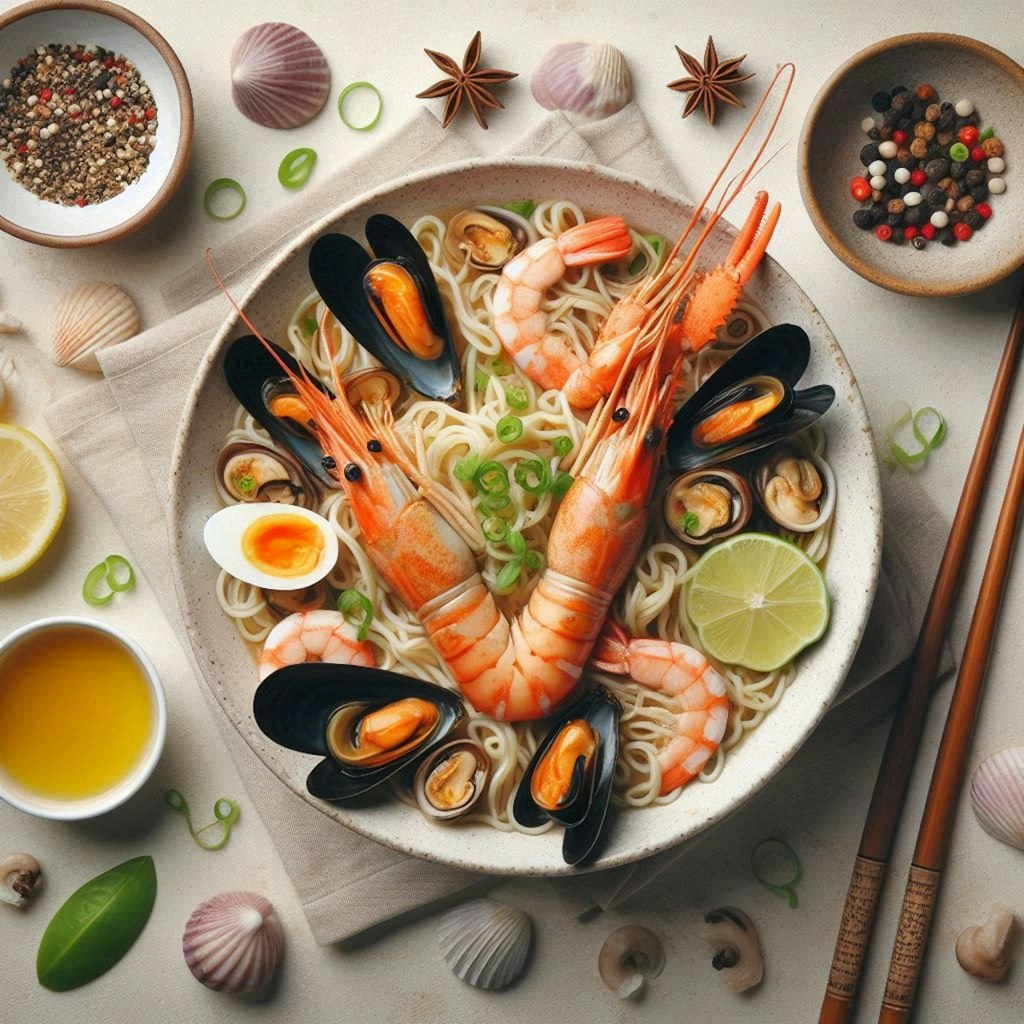 シンメトリー構図のseafood noodle