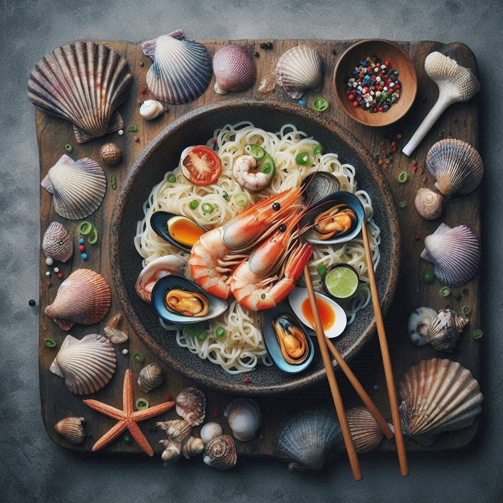 シンメトリー構図のseafood noodle