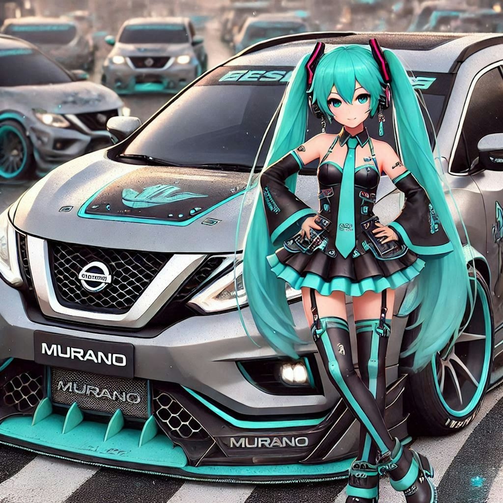 初音ミクキャラとグレーカラー日産ムラーノのドリ車