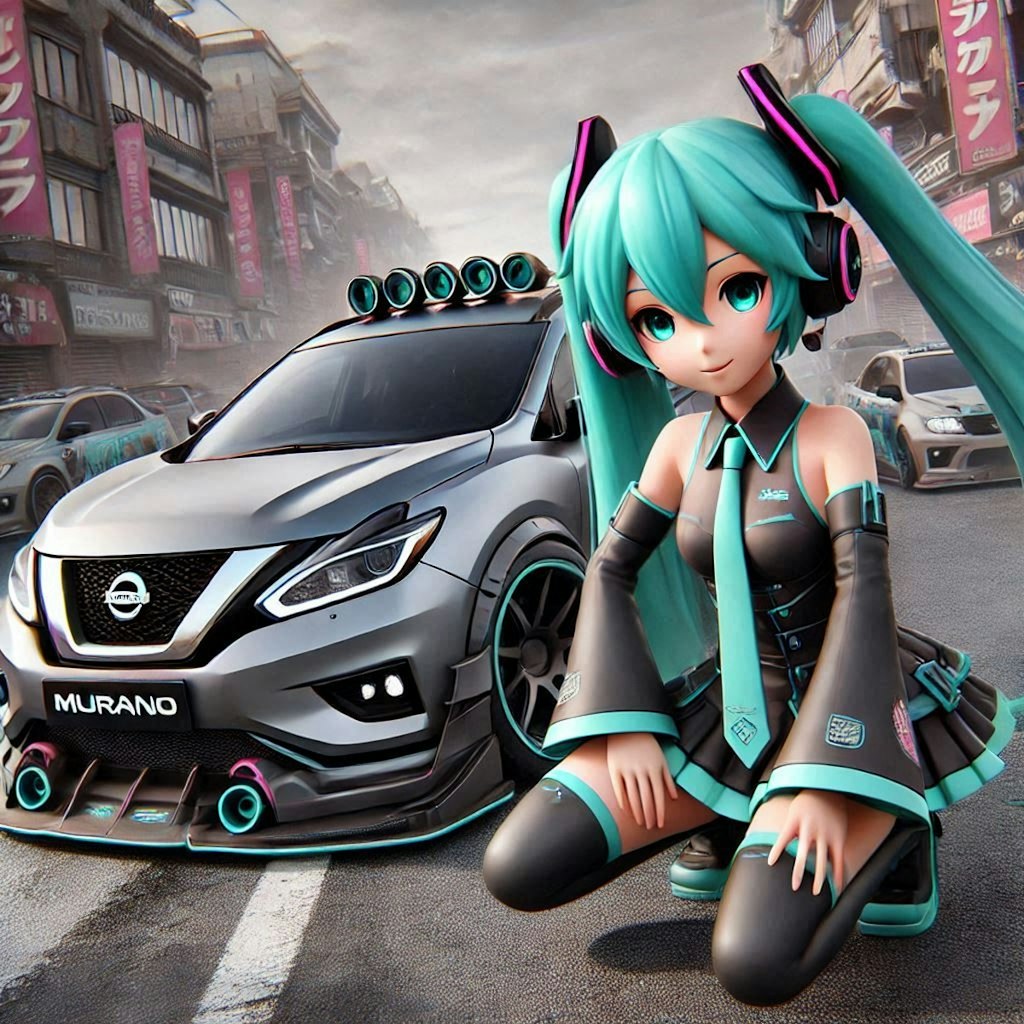 初音ミクキャラとグレーカラー日産ムラーノのドリ車