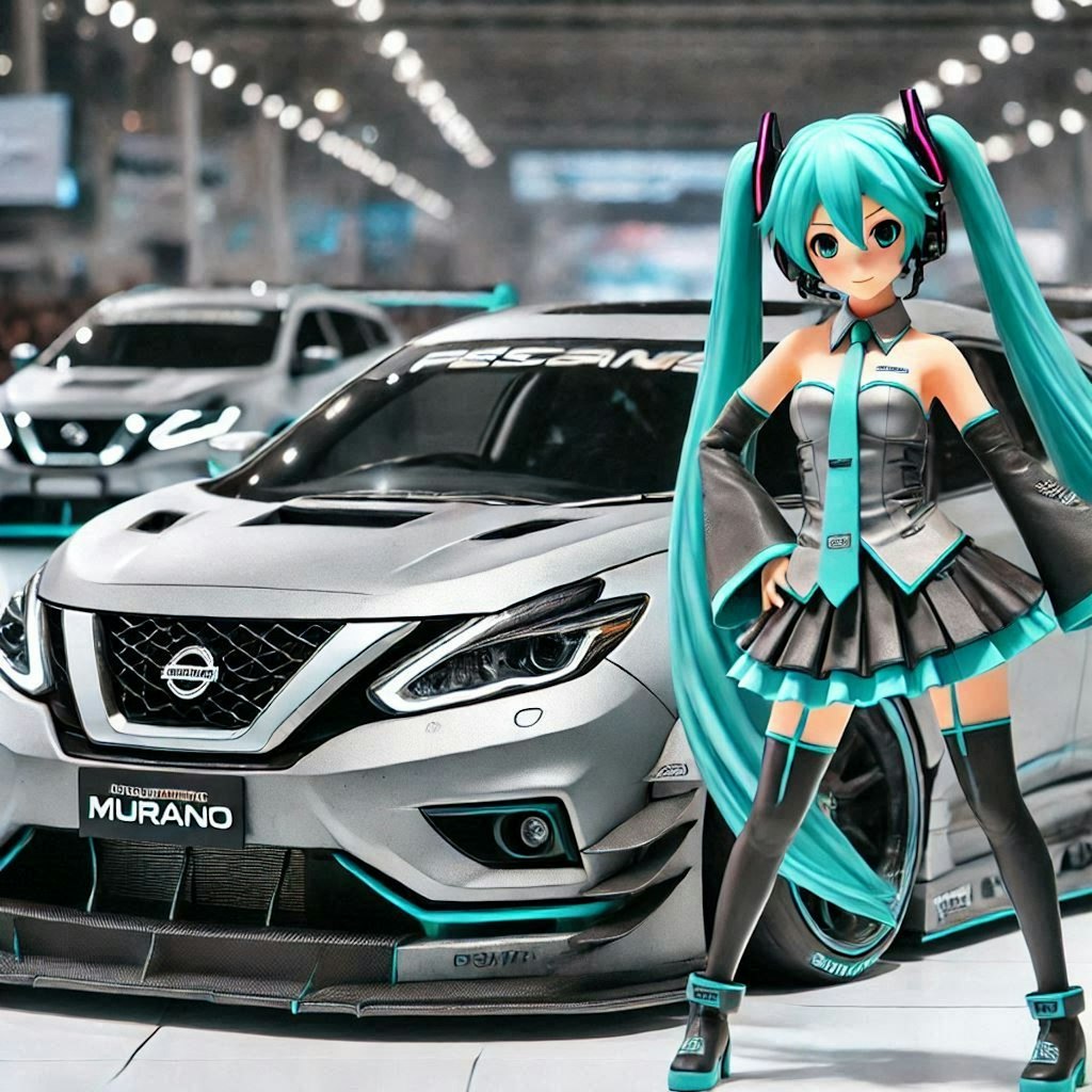 初音ミクキャラとグレーカラー日産ムラーノのドリ車