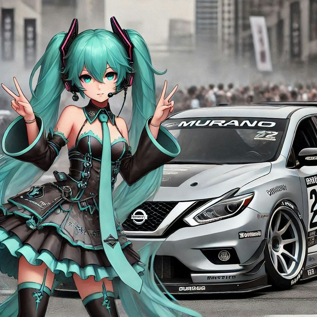 初音ミクキャラとグレーカラー日産ムラーノのドリ車