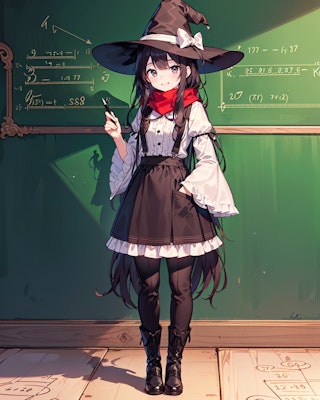 和風ゴシック衣装で黒板に魔法式を書く魔女