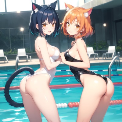 プールで戯れる猫耳の女の子達