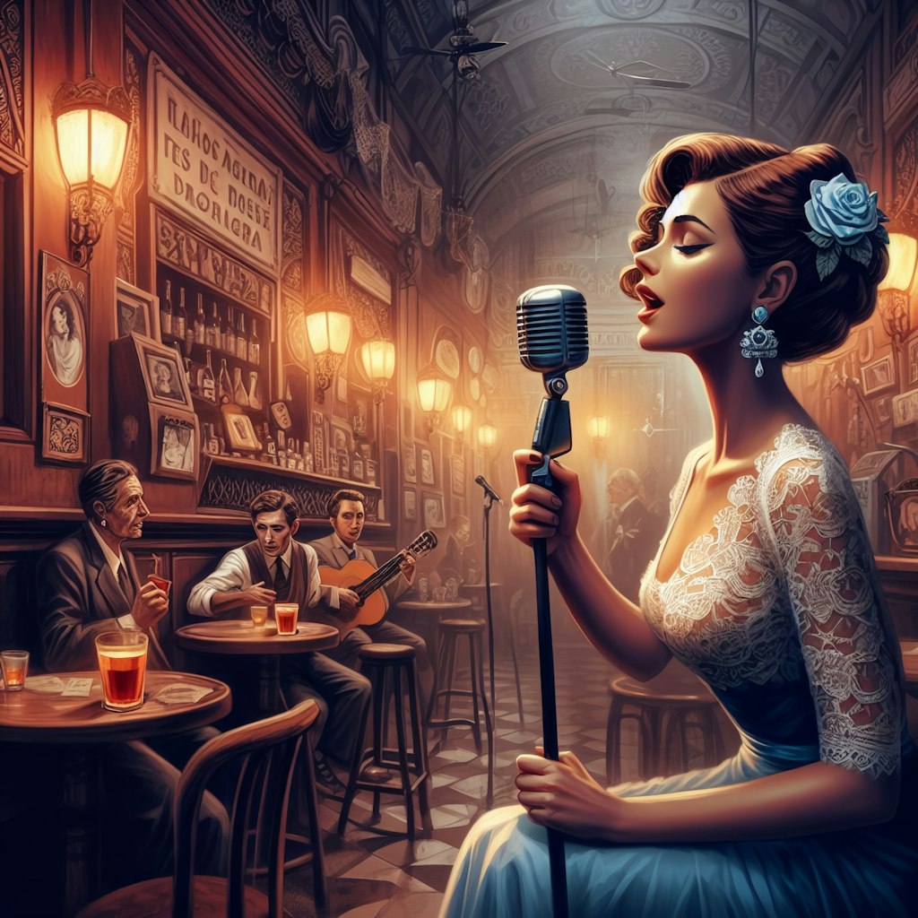 Uma mulher a cantar fado num bar de Lisboa