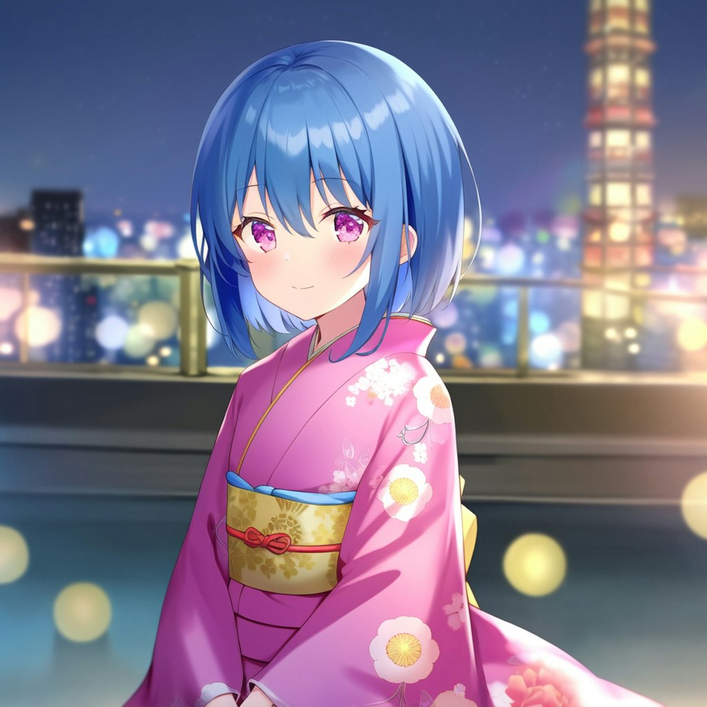 かおりちゃん　着物と東京の夜景