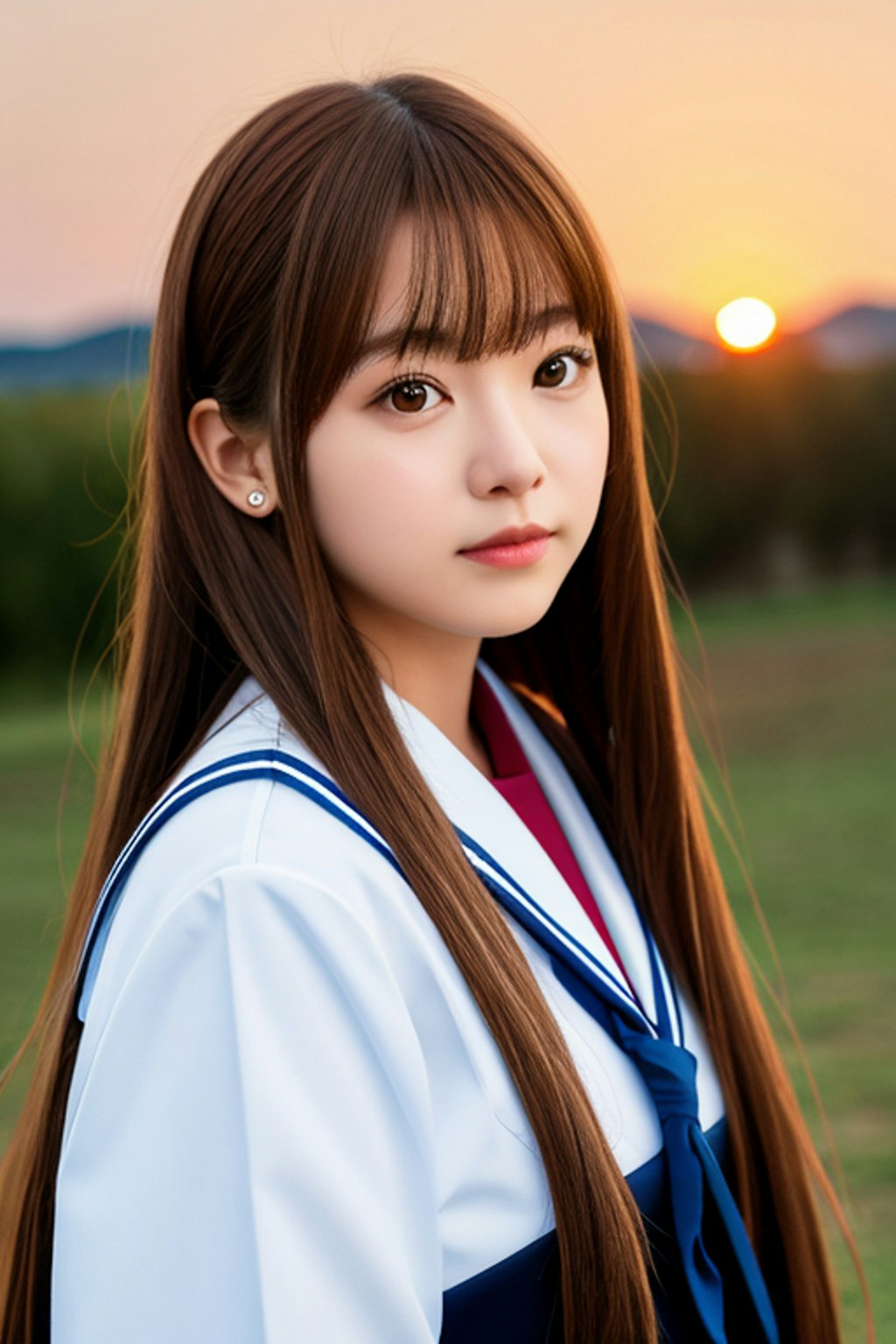 かわいいセーラー服の女の子　夕日