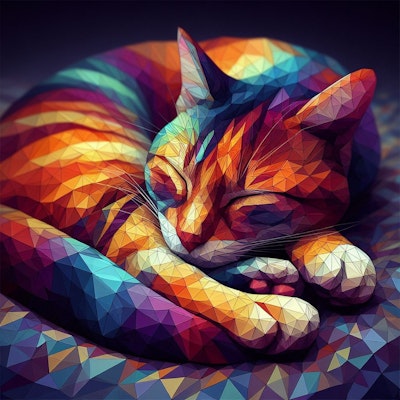 体をまるくして寝ているカラフルな猫のローポリゴンの水彩