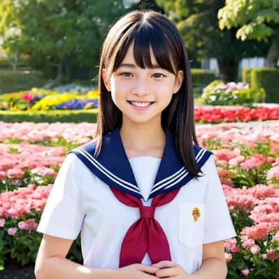 A girl is smiling happily in a flower garden.