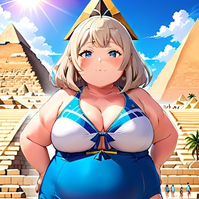 [ちちぷいトラベル] エジプトのピラミッドが見えるプール場で遊ぶぽっちゃり女性