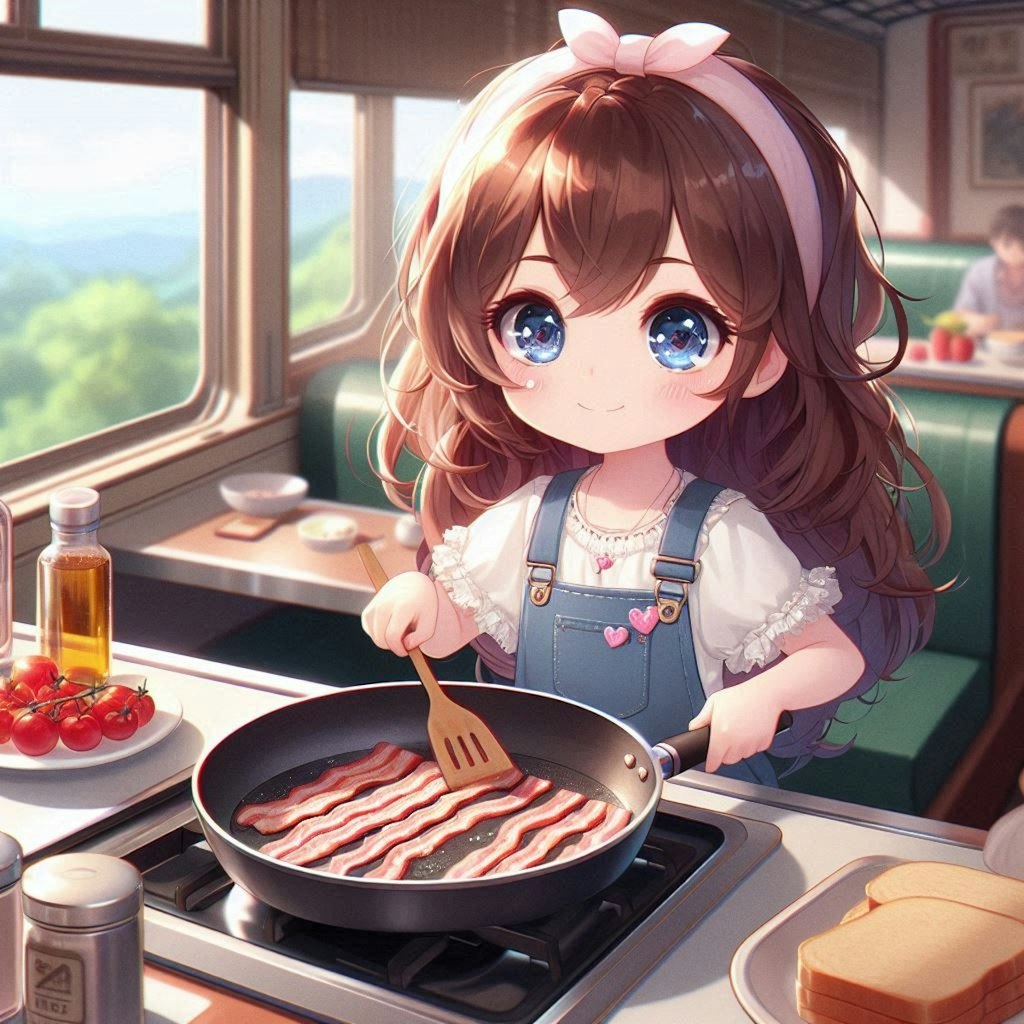 ベーコンを焼く小さな女の子