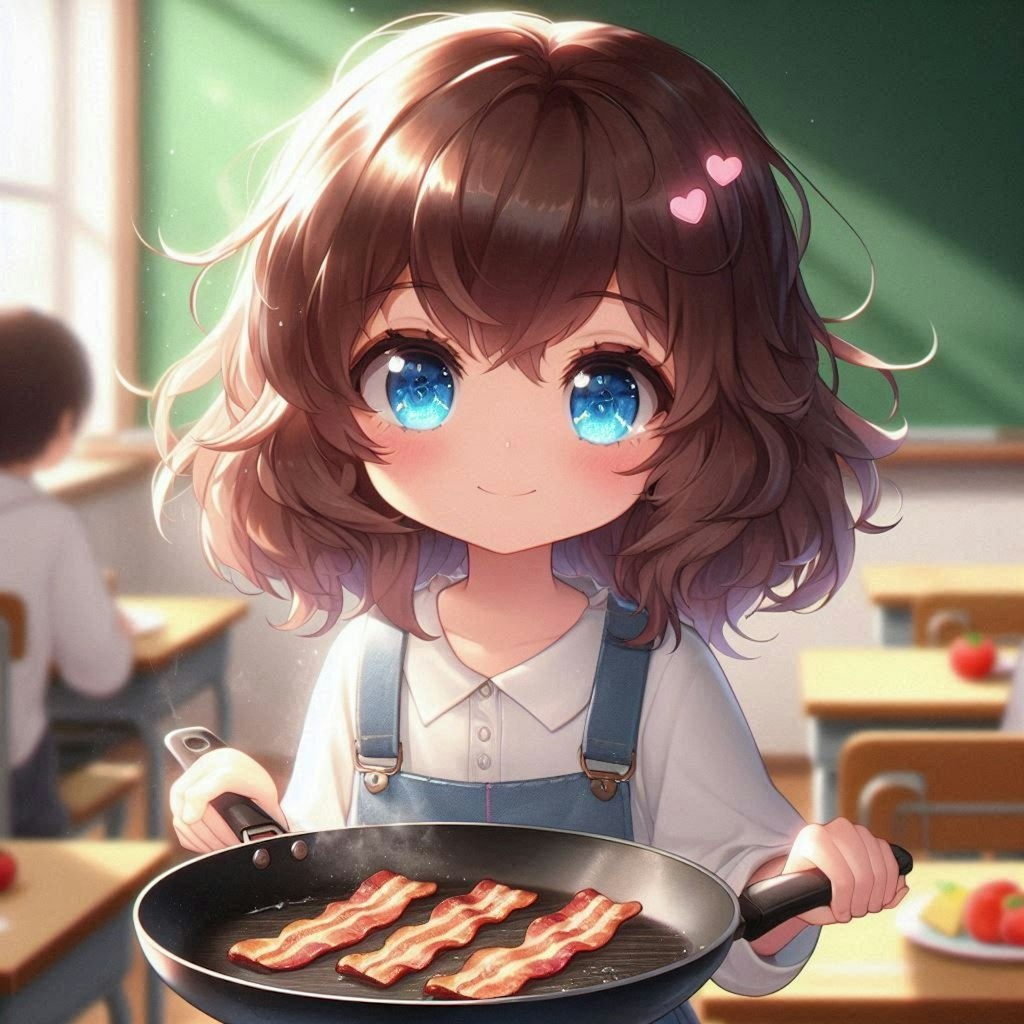 ベーコンを焼く小さな女の子