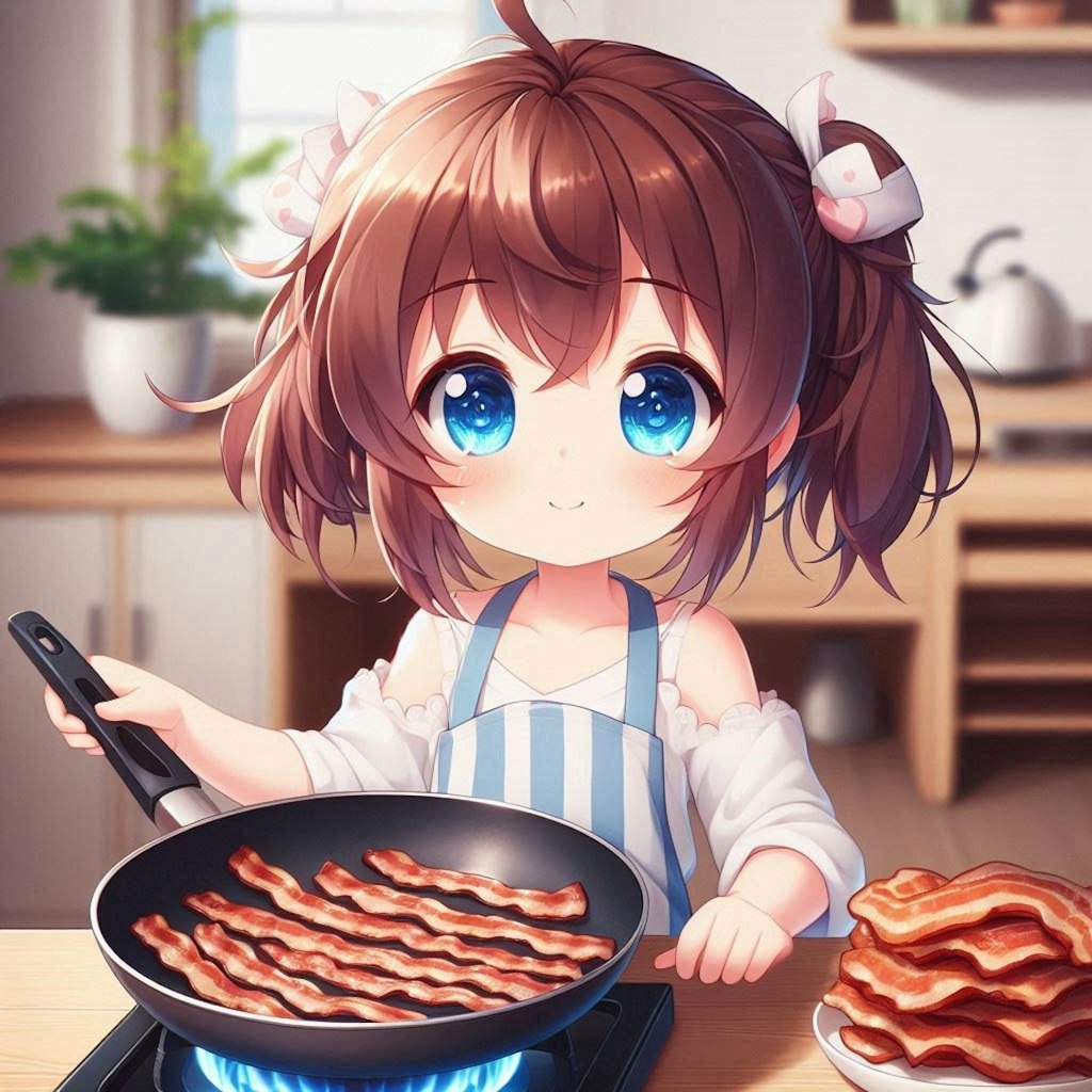 ベーコンを焼く小さな女の子