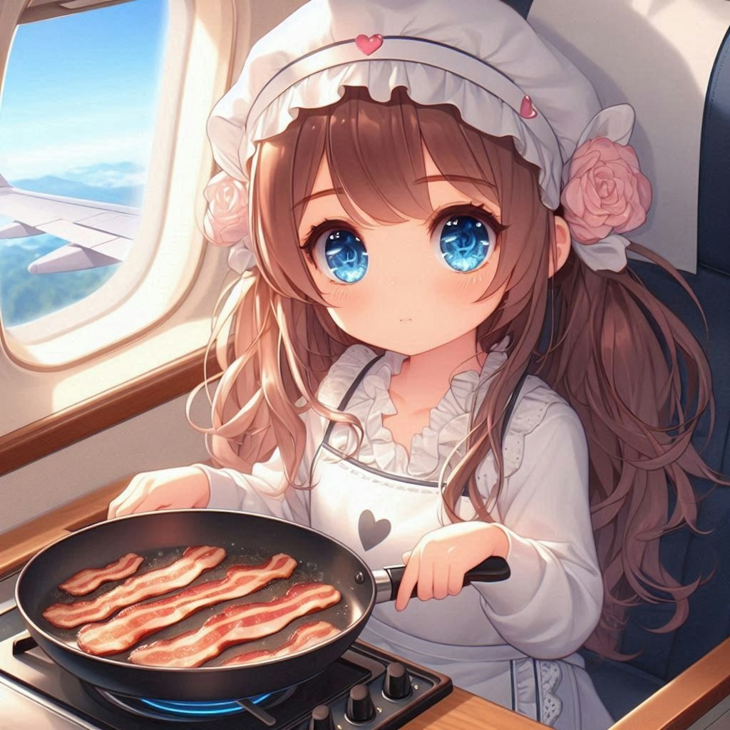 ベーコンを焼く小さな女の子