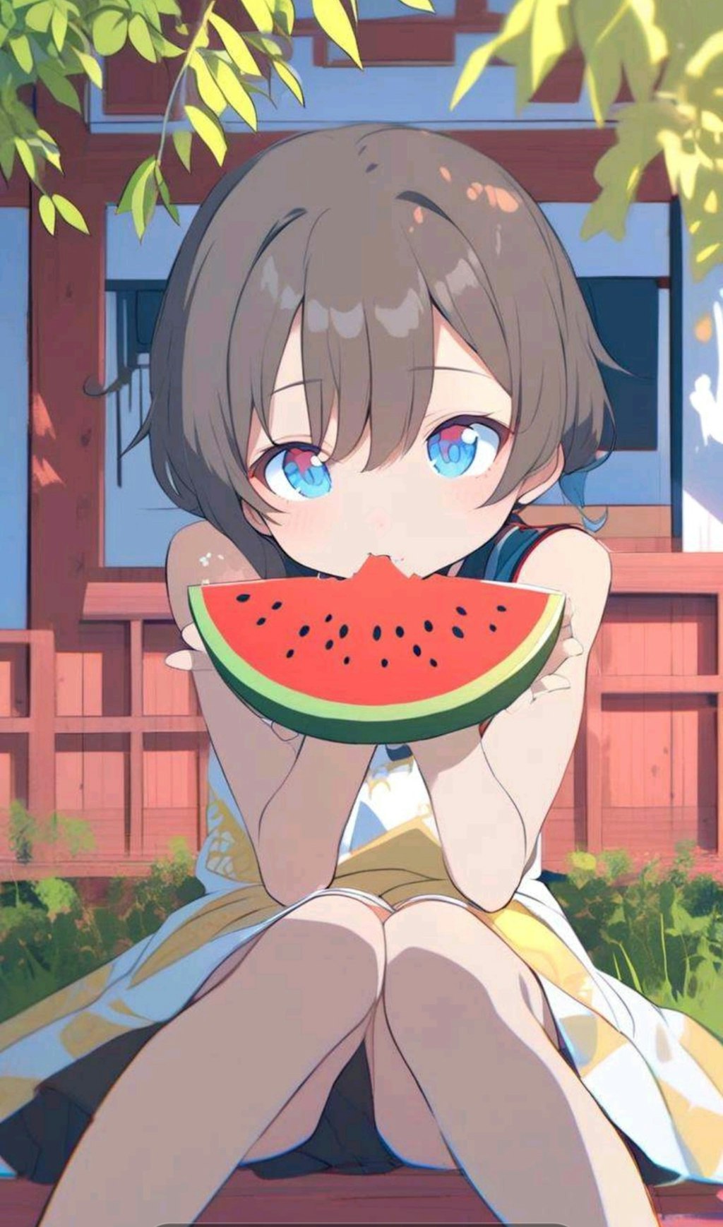 スイカ(？)を食べてる小さな女の子