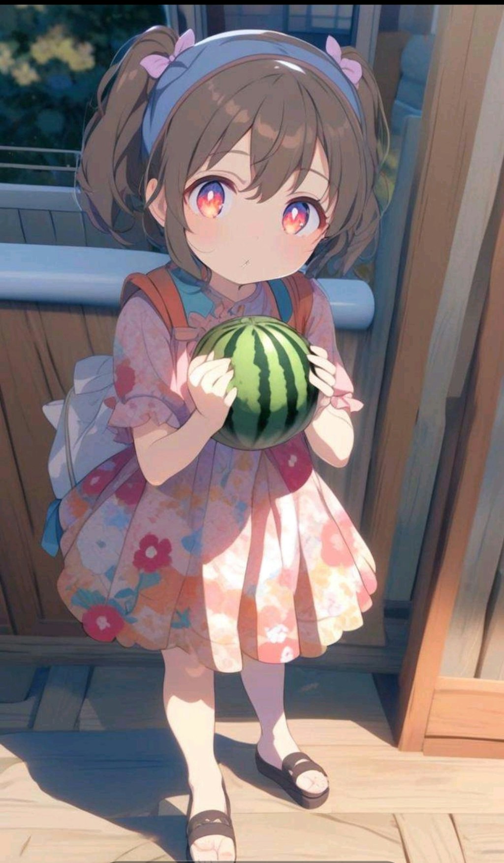 スイカ(？)を食べてる小さな女の子