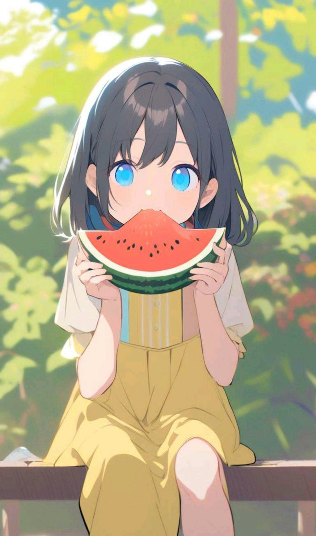 スイカ(？)を食べてる小さな女の子