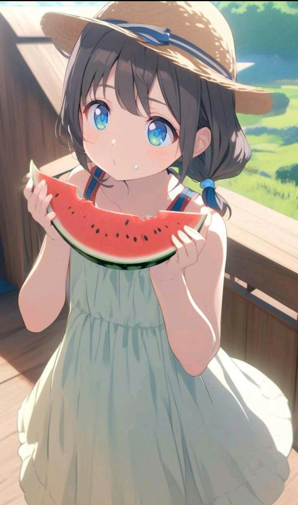 スイカ(？)を食べてる小さな女の子