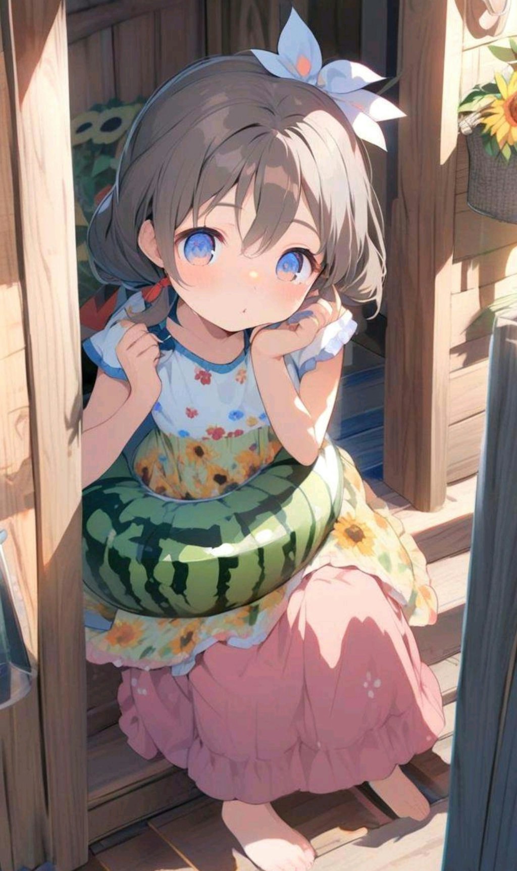 スイカ(？)を食べてる小さな女の子