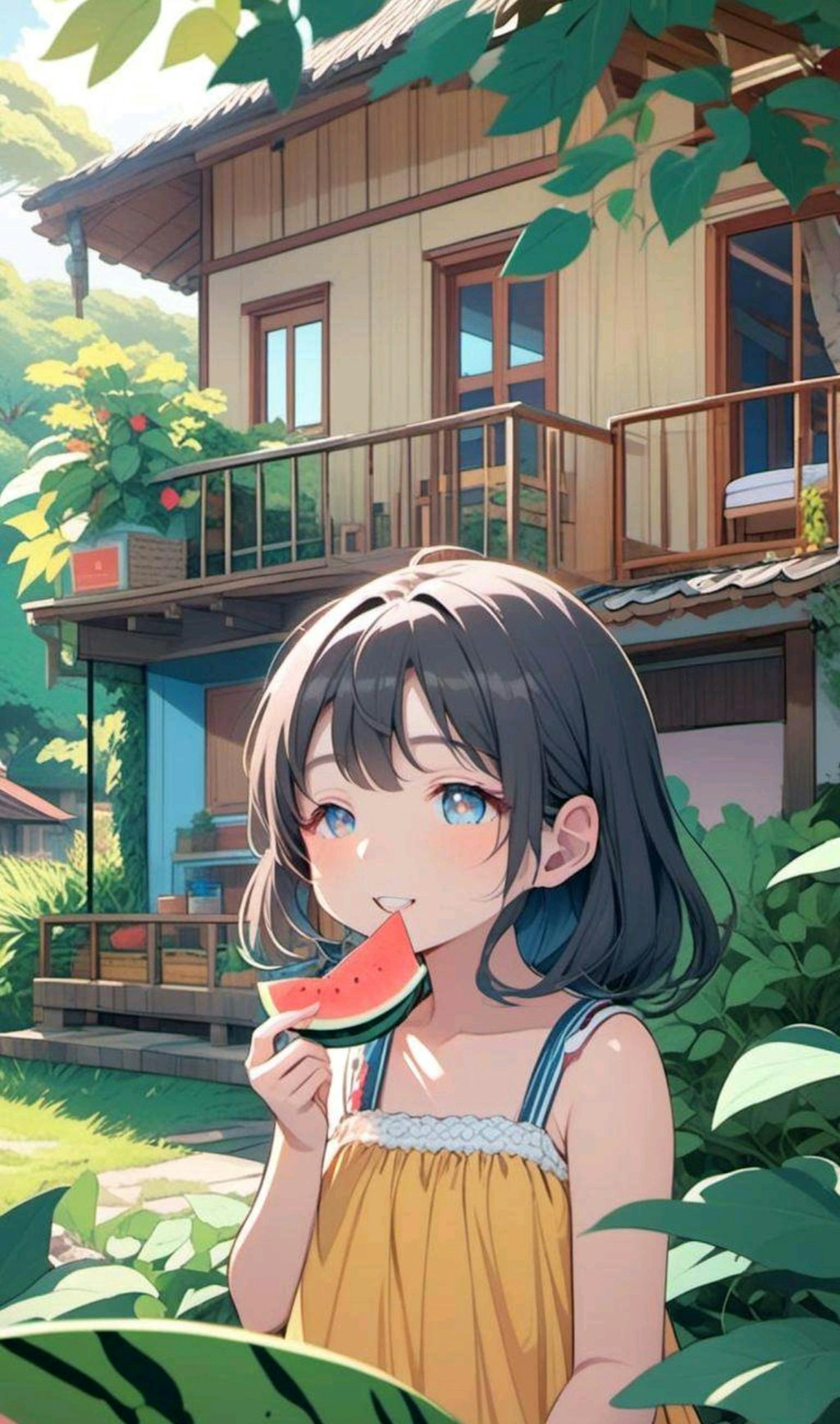 スイカ(？)を食べてる小さな女の子