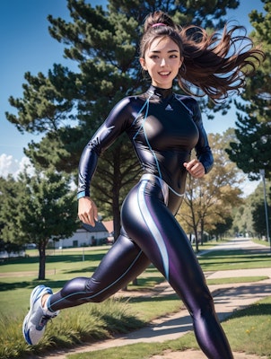 Babe jogging in skintight catsuit