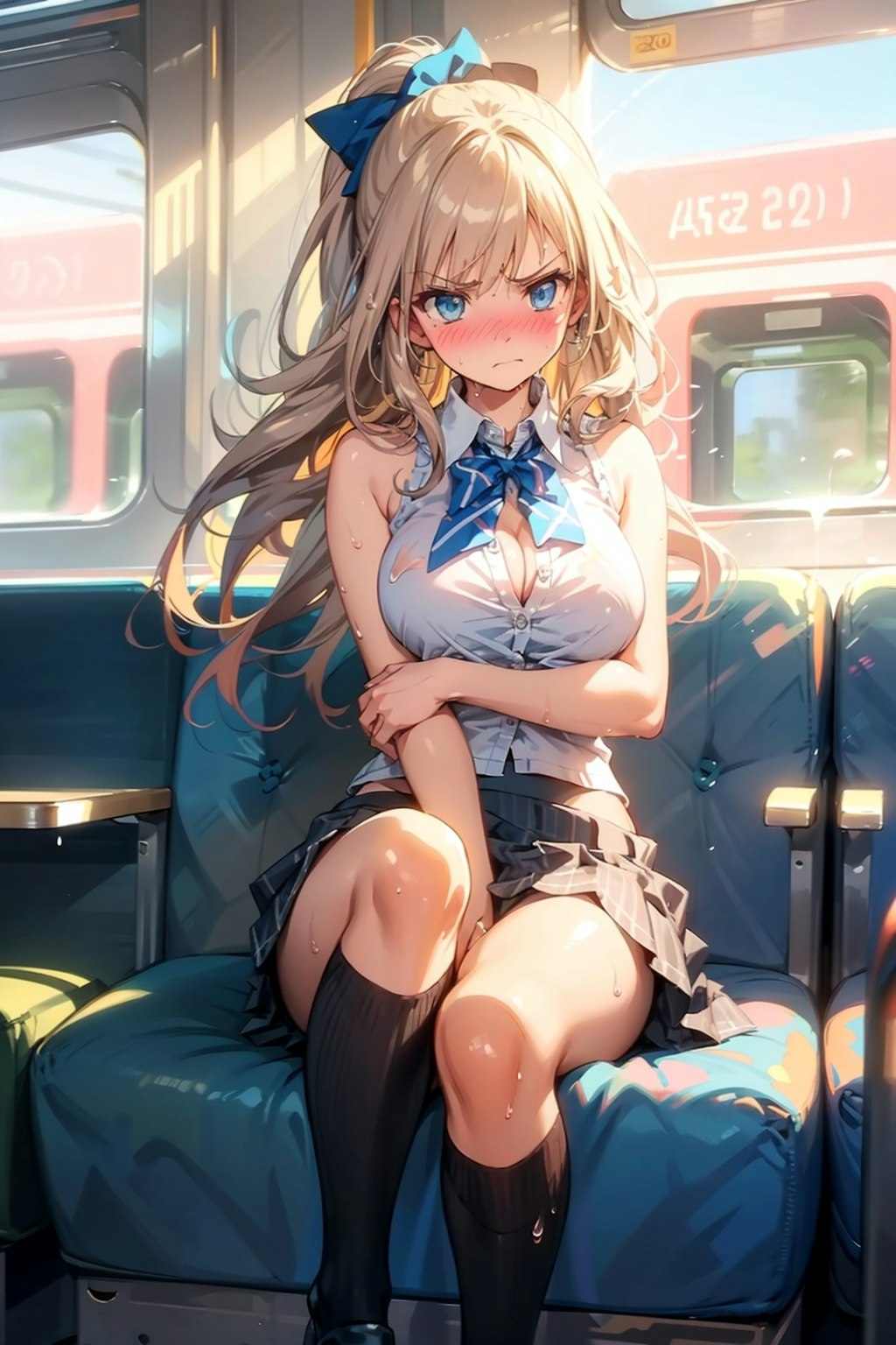 電車の中で我慢する少女