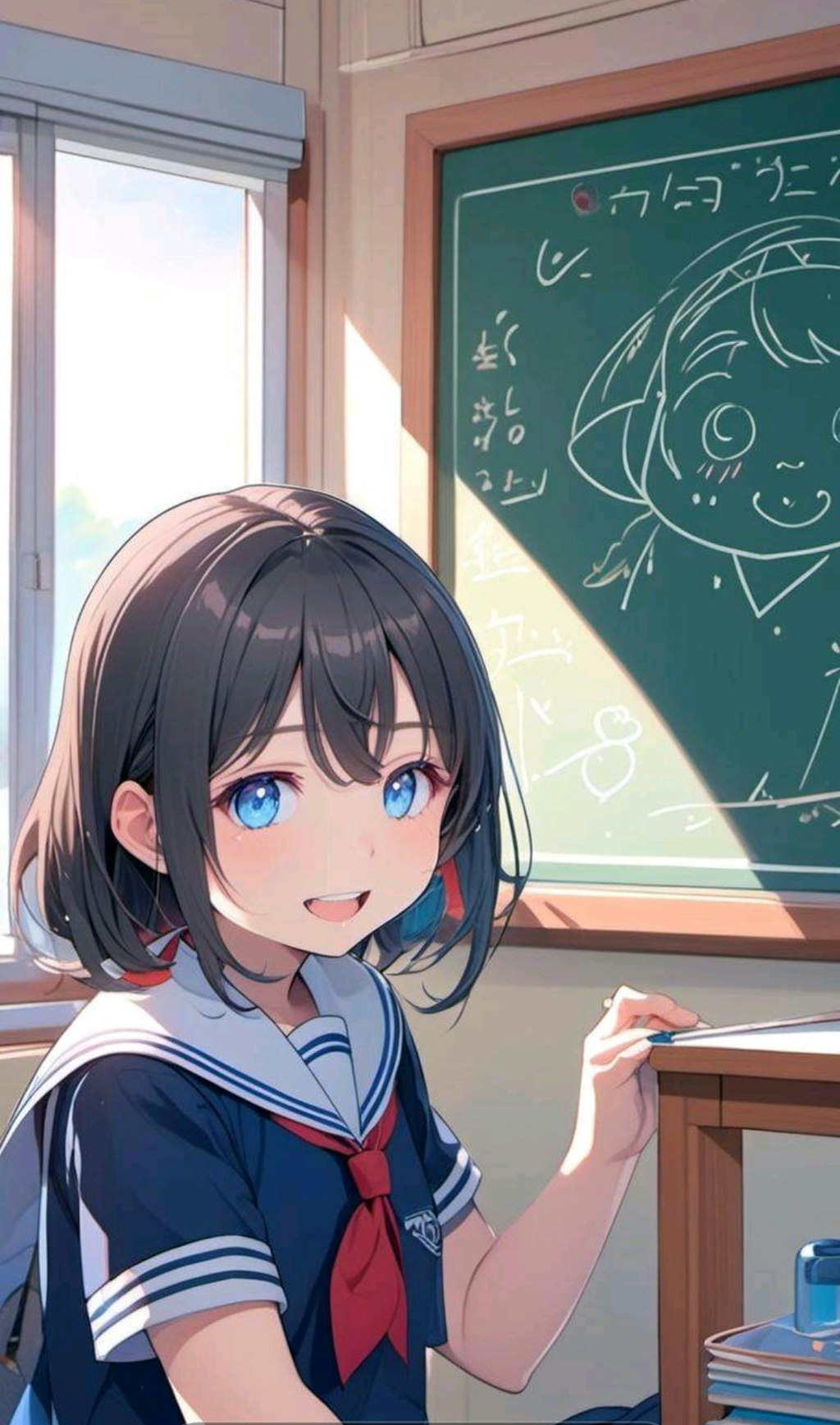 黒板に絵を描いた小さな女の子