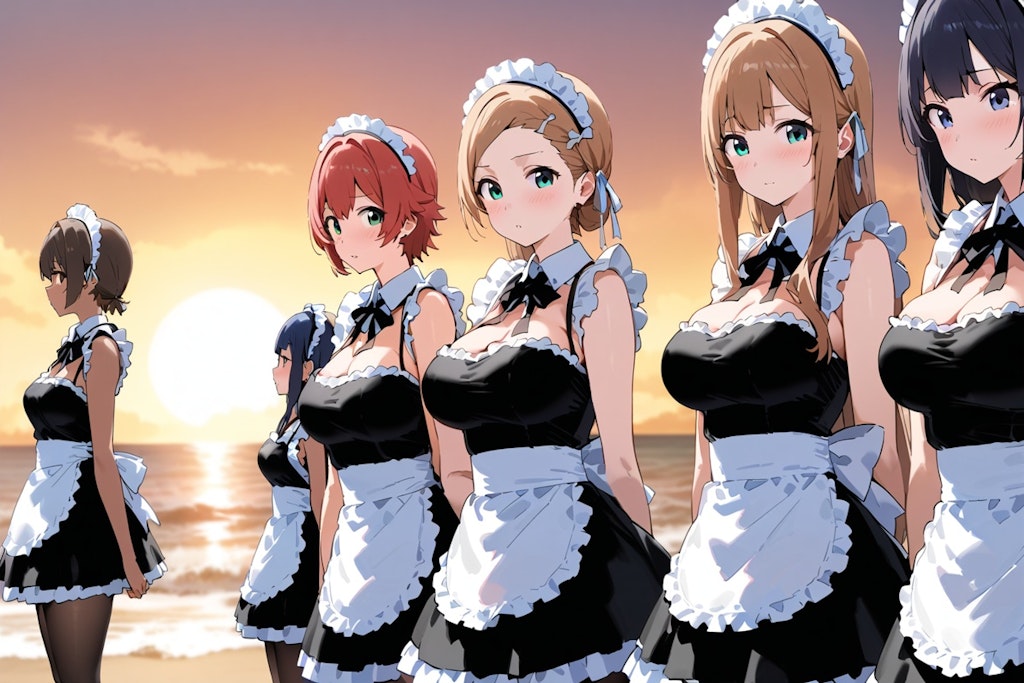 six maid girls at sunset beach