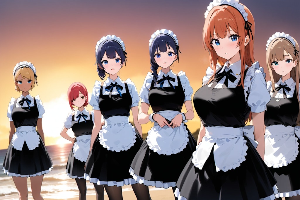 six maid girls at sunset beach