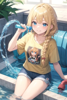 魔法の筒で水遊びする金髪少女