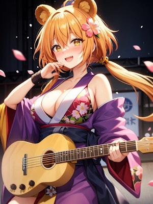 🌸桜吹雪と、ギター侍クマさん🧸