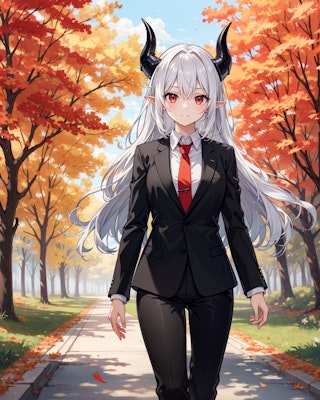 秋の道を歩くスーツ姿の銀髪竜姫