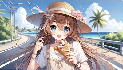 夏の海岸でクレープを食べるかわいい女の子