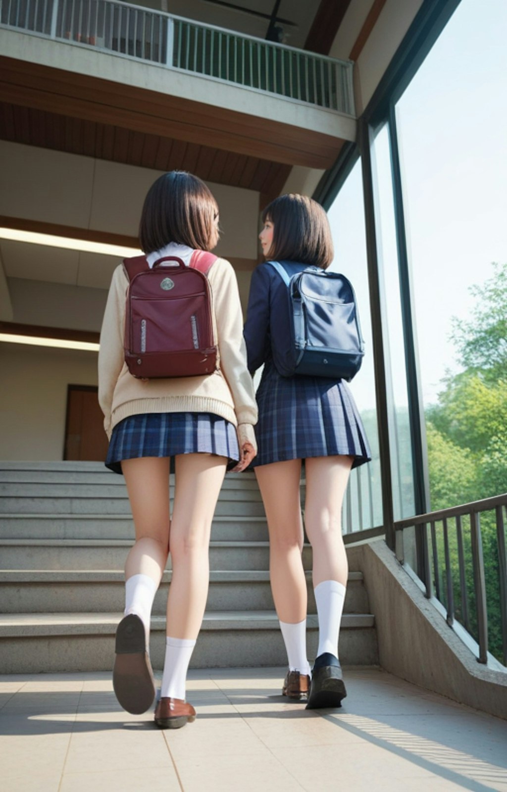 友達と通学女子