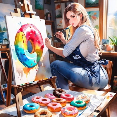 ドーナツを見ながら水彩画を描く美人画家 | の人気AIイラスト・グラビア