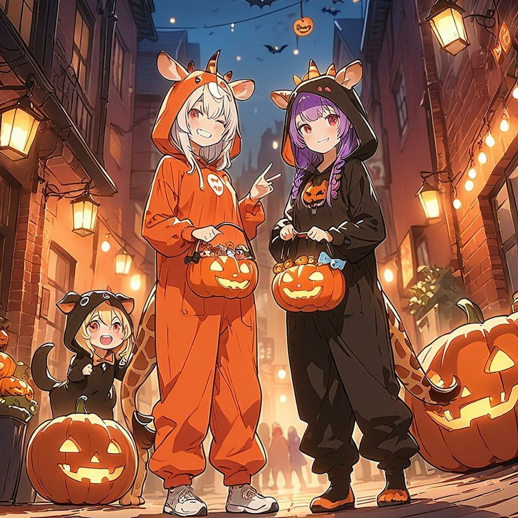 ハロウィンを満喫するキリン着ぐるみちび子ちゃんとお姉さん