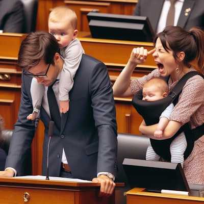 【謎画像】国会議員が肩から足が生えた赤ちゃんをおんぶしながら答弁している横で奥さんが自分に目つぶしをしている