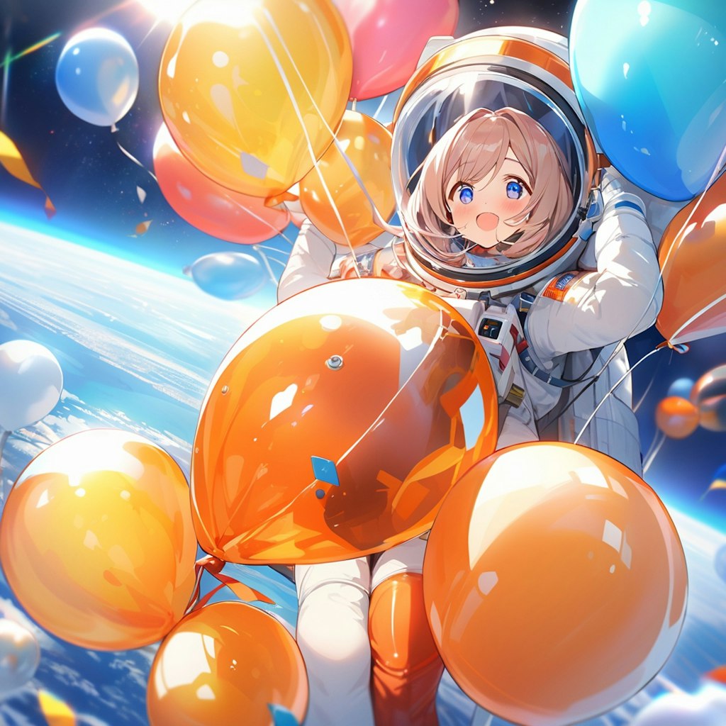 宇宙空間で風船を持つ宇宙服の女の子