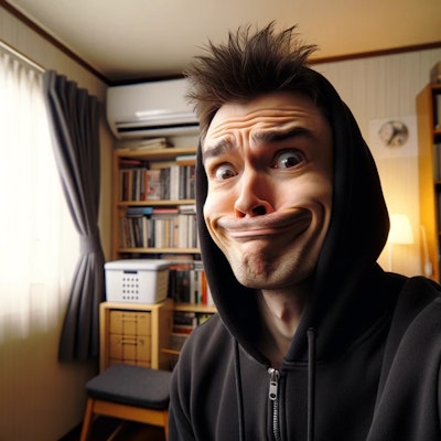 A photograph of a man making a funny face inside a room
