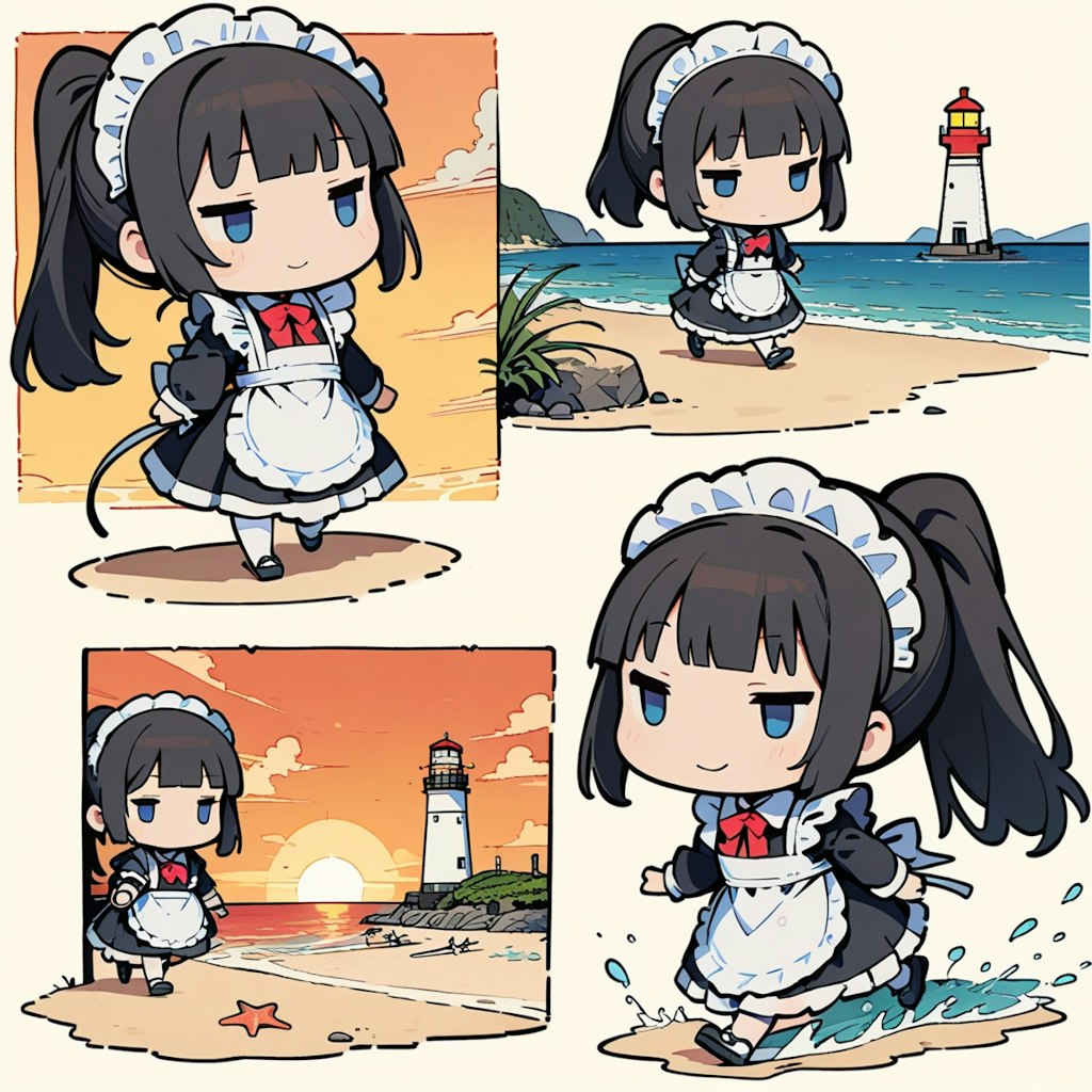 メイドちゃんと夕日と海岸