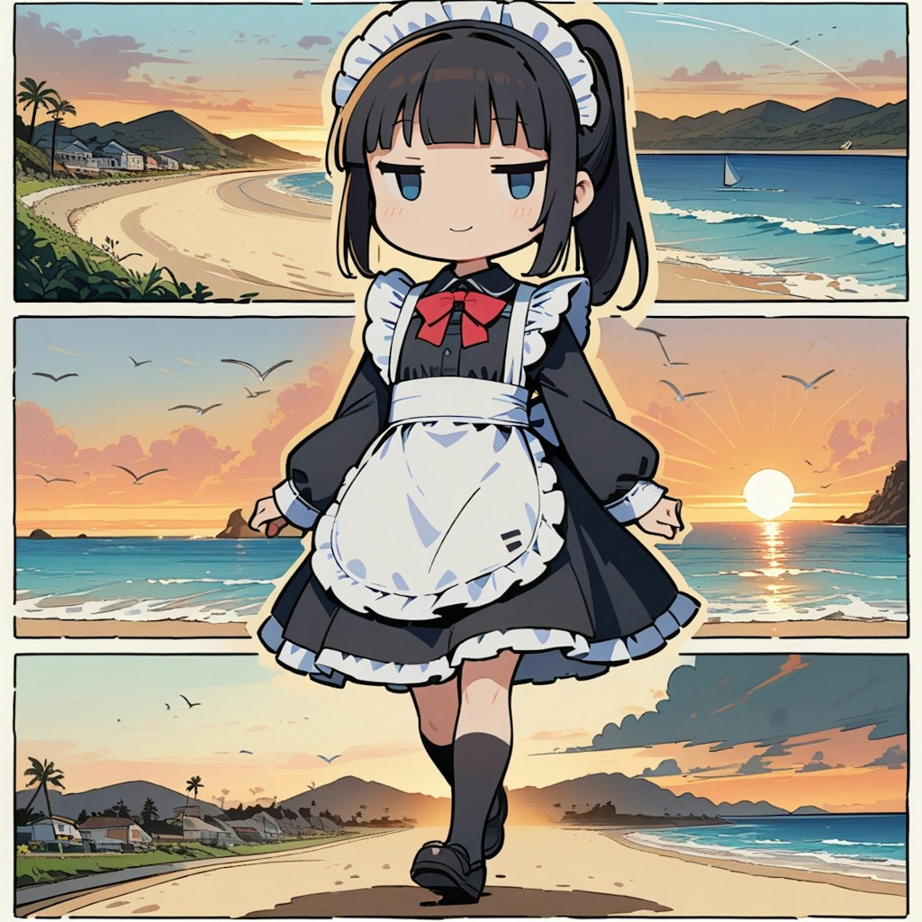 メイドちゃんと夕日と海岸