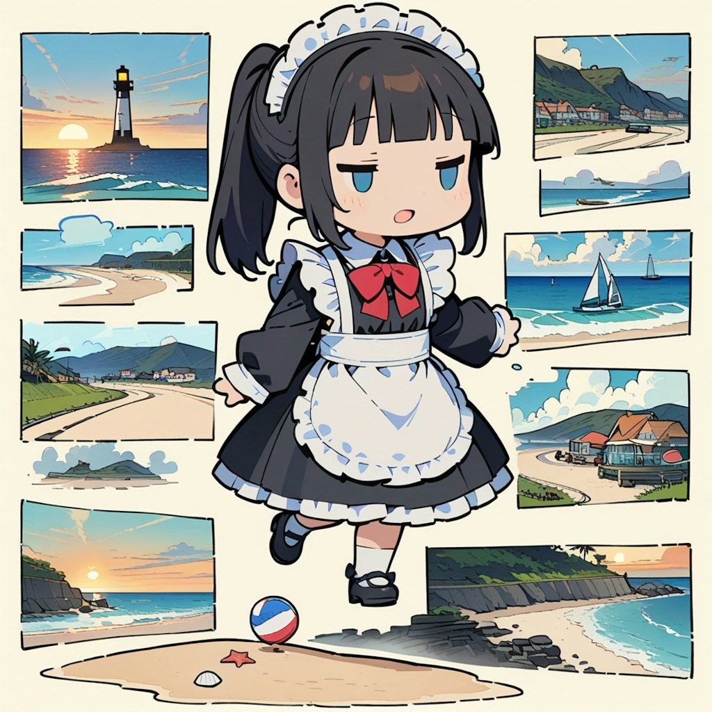 メイドちゃんと夕日と海岸