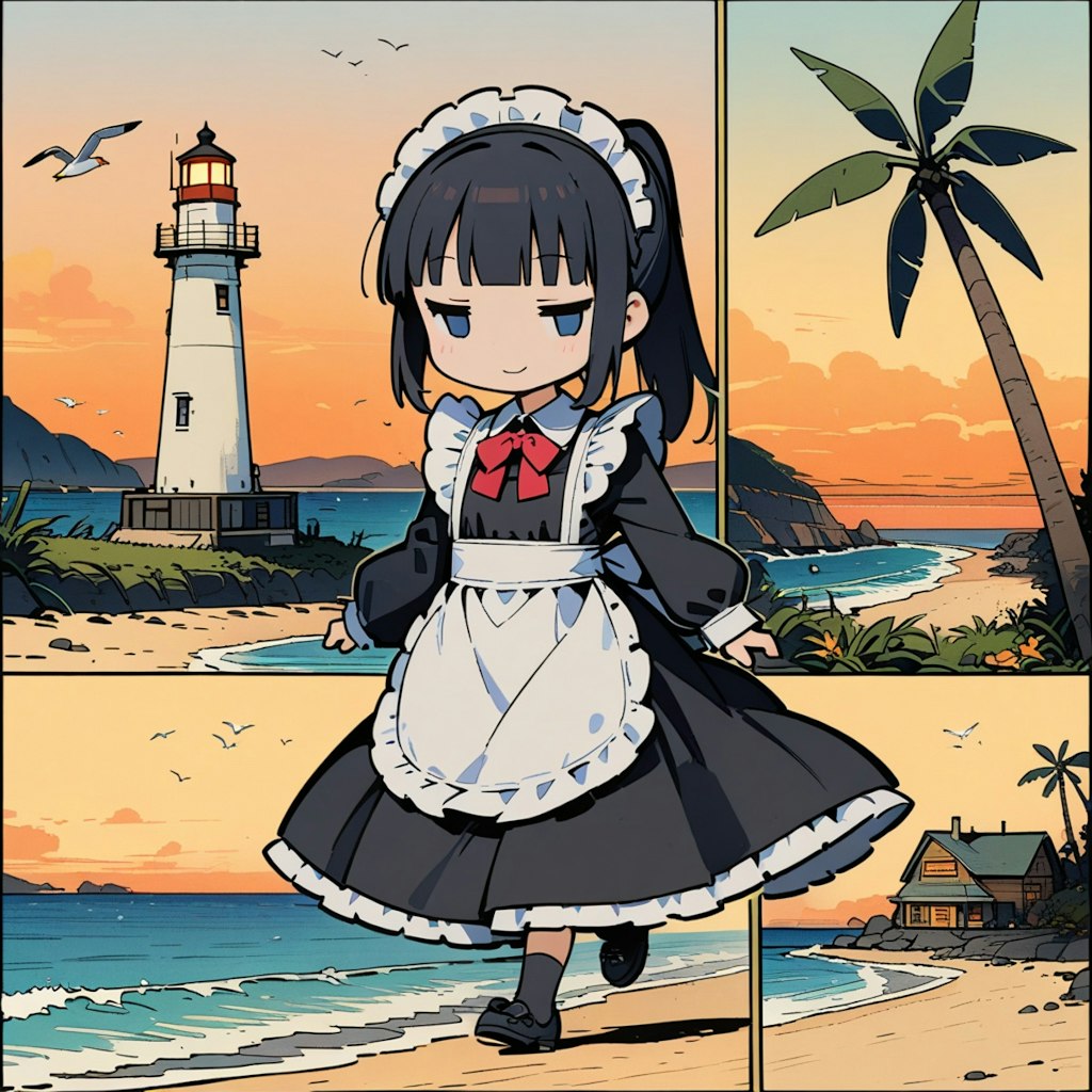 メイドちゃんと夕日と海岸