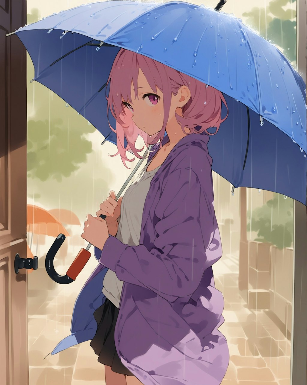 雨の中で傘をさしてる子