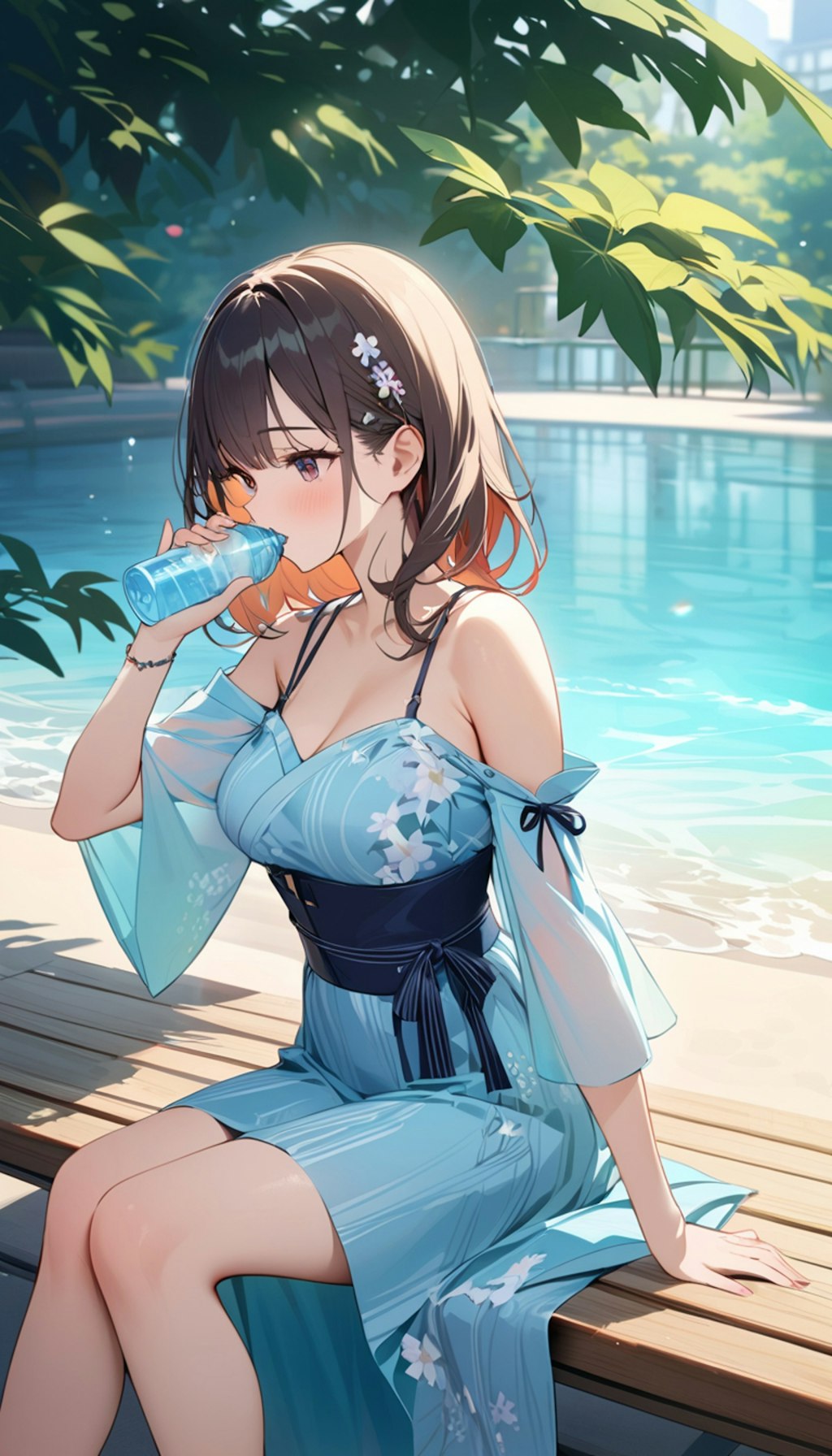 癒しの水を飲む浴衣風ワンピースを着る女の子