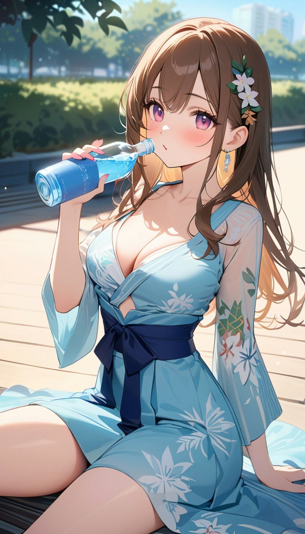 癒しの水を飲む浴衣風ワンピースを着る女の子