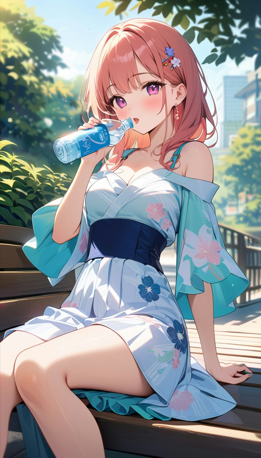 癒しの水を飲む浴衣風ワンピースを着る女の子