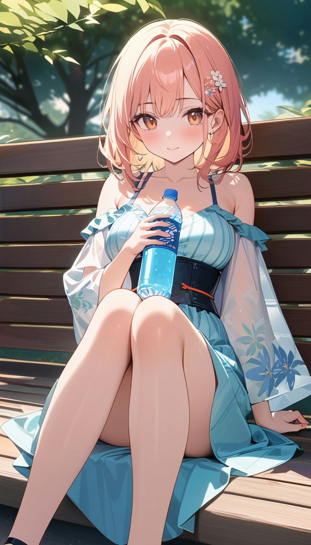 癒しの水を飲む浴衣風ワンピースを着る女の子