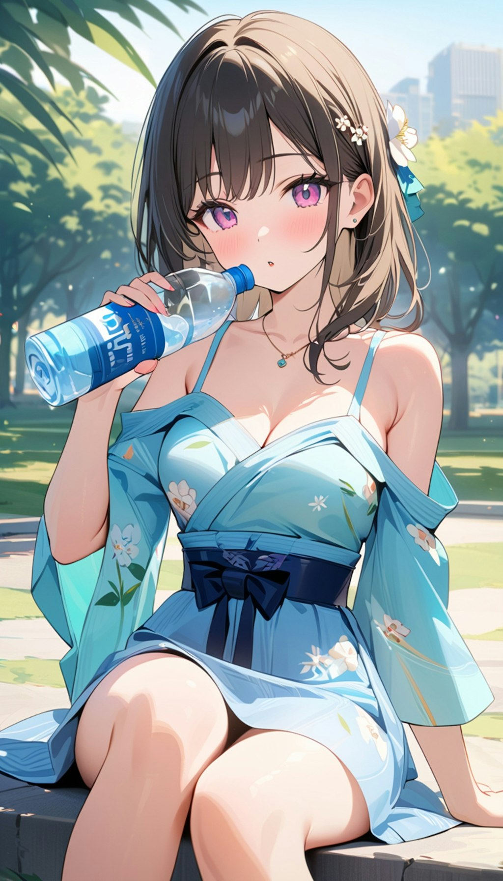 癒しの水を飲む浴衣風ワンピースを着る女の子